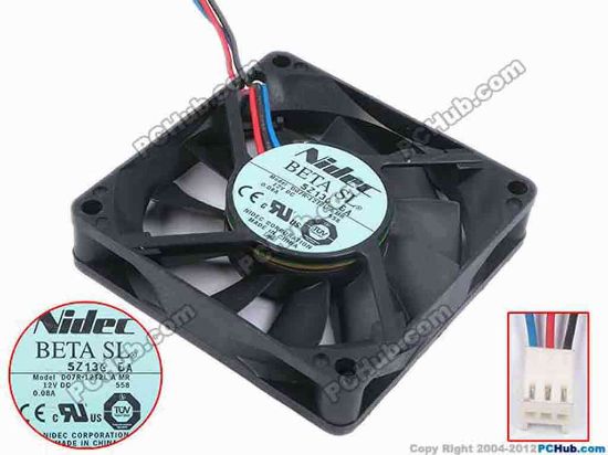 80540 Nidec D07R-12T2L Server - Square Fan A, MR, sq70x70x15, w315x3x3, 12V 0.08A Nidec D07R-12T2L Server - Square Fan 