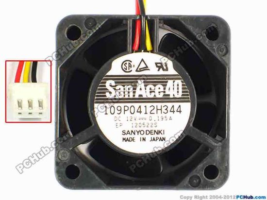 85097 Sanyo Denki 109P0412H344 Server - Square Fan sq40x40x28, w85x3x3, 12V 0.195A Sanyo Denki 109P0412H344 Server - Square Fan 