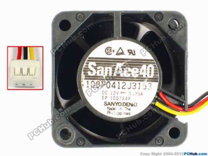 85100 Sanyo Denki 109P0412J3153 Server - Square Fan sq40x40x28, w60x3x3, 12V 0.35A Sanyo Denki 109P0412J3153 Server - Square Fan 