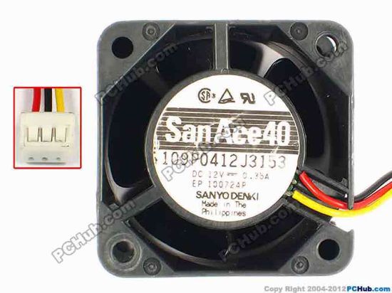 85100 Sanyo Denki 109P0412J3153 Server - Square Fan sq40x40x28, w60x3x3, 12V 0.35A Sanyo Denki 109P0412J3153 Server - Square Fan 