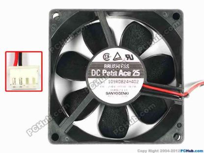 85390 Sanyo Denki 109R0824H402 Server - Square Fan sq80x80x25, w80x2x4, 12V 0.07A Sanyo Denki 109R0824H402 Server - Square Fan 