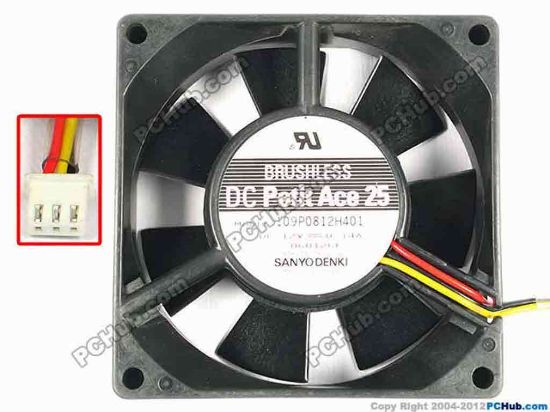 85712 Sanyo Denki 109P0812H401 Server - Square Fan 109P0812H401, sq80x80x25, w35x3x3, 12V 0.14A Sanyo Denki 109P0812H401 Server - Square Fan 