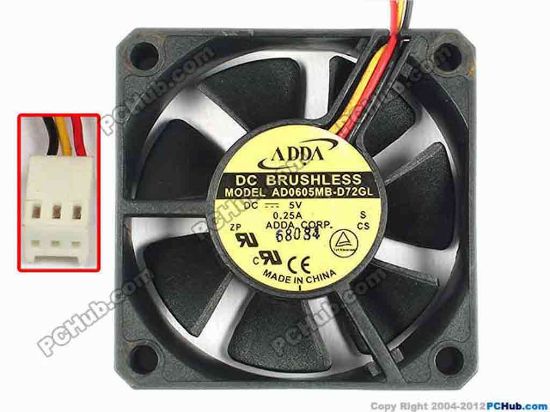 85727 ADDA AD0605MB-D72GL Server - Square Fan AD0605MB-D72GL, S, sq60x60x25, w35x3x3, 5V 0.25A ADDA AD0605MB-D72GL Server - Square Fan 