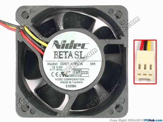 85756 Nidec D06T-12PU A Server - Square Fan sq60x25, w125x3x3, 12V 0.17A Nidec D06T-12PU A Server - Square Fan 