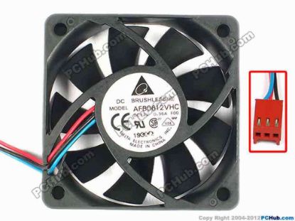 85762 Delta Electronics AFB0612VHC Server - Square Fan AFB0612VHC, F00, sq60x60x13, w195x3x3, 12V 0.36A Delta Electronics AFB0612VHC Server - Square Fan 