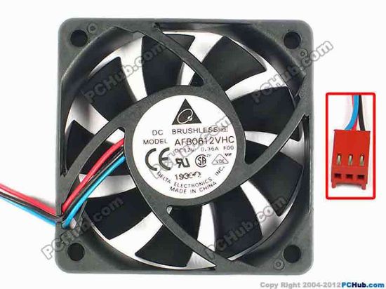 85762 Delta Electronics AFB0612VHC Server - Square Fan AFB0612VHC, F00, sq60x60x13, w195x3x3, 12V 0.36A Delta Electronics AFB0612VHC Server - Square Fan 