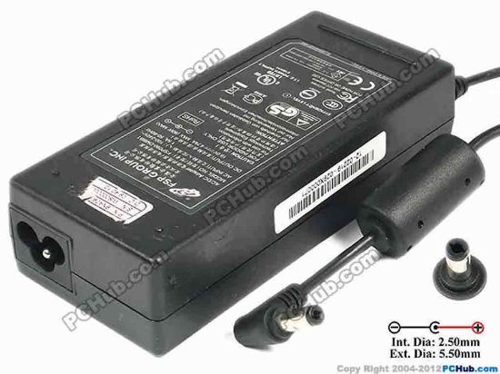 86736 FSP Group Inc FSP090-DMBB1 AC Adapter- Laptop 19V 4.74A, 5.5/2.5mm, 3-Prong FSP Group Inc FSP090-DMBB1 AC Adapter- Laptop Model No.: FSP090-DMBB1<br />
<br />
AC INPUT: 100-240V~ 1.5A, 50-60Hz<br />
DC OUTPUT: 19V 4.74A MAX (90W MAX)<br />
<div>Connecter size: Int. Diameter: 2.50mm </div>
<div>Ext. Diameter: 5.5mm</div><br />
Dimensions: 133 x 58 x 32 mm<br />
<br />
<font face="Verdana" color="#444444">*Please take note, 3 wire AC <a href="http://www.pchub.com/uph/category/356/Power-Core.html" shape="rect">power cord</a> not included.<br />
</font>