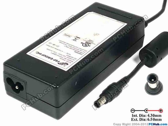 86737 FSP Group Inc FSP090-DMBF1 AC Adapter- Laptop 19V 4.74A, 6.5/4.3mm, With Pin, 3-Prong FSP Group Inc FSP090-DMBF1 AC Adapter- Laptop Model No.: FSP090-DMBF1<br />
<br />
AC INPUT: 100-240V~ 1.5A, 50-60Hz<br />
DC OUTPUT: 19V 4.74A MAX (90W MAX)<br />
Connecter size: Int. Diameter: 4.30mm    <br />
&nbsp; &nbsp; &nbsp; &nbsp; &nbsp; &nbsp; &nbsp; &nbsp; &nbsp; &nbsp; &nbsp; &nbsp; &nbsp; Ext. Diameter: 6.50mm<br />
&nbsp; &nbsp; &nbsp; &nbsp; &nbsp; &nbsp; &nbsp; &nbsp; &nbsp; &nbsp; &nbsp; &nbsp; &nbsp; Length          : 9.00mm<br />
<br />
Dimensions: 133 x 58 x 33 mm<br />
<br />
<font color="#444444" face="Verdana">*Please take note, 3 wire AC <a href="http://www.pchub.com/uph/category/356/Power-Core.html" shape="rect">power cord</a> not included.<br />
</font>