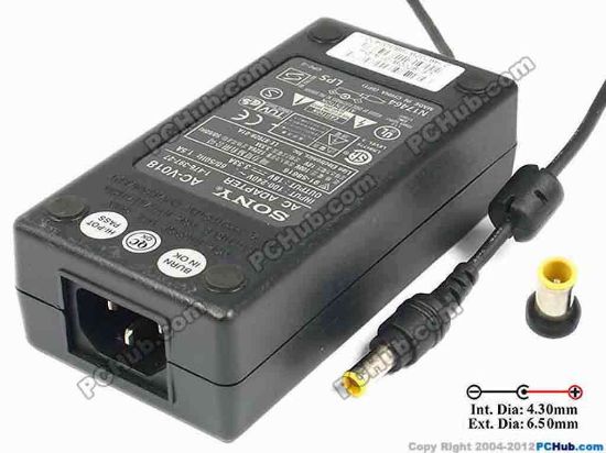86769 Sony Vaio Parts AC Adapter- Laptop 18V 3.33A, (4.3/6.5mm), IEC C14 Sony Vaio Parts AC Adapter- Laptop <span id="ctl00_ContentPlaceHolder1_ItemDesc1_lblItemDescription" class="span11">
<p><span id="ctl00_ContentPlaceHolder1_ItemDesc1_lblItemDescription">Model: AC-V018<br />
Sony P/N:&nbsp;</span>1-476-397-27, 1-476-397-23</p>
<p>INPUT: 100-240V~ 1.5A, 50-60Hz<br />
OUTPUT: 18V 3.33A 60W<br />
Connecter size: Int. Diameter: 4.30mm <br />
Ext. Diameter: 6.50mm<br />
</p>
<p>Dimension: 120 x 62 x 36 mm<br />
<br />
</p>
<div>*Please take note, 3 wire (IEC C13) AC power cord not included.</div>
<p></p></span>
