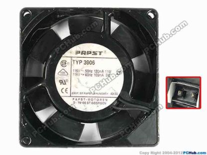 87216 ebm-papst TYP 3906 Server - Square Fan TYP3906, sq92x92x25, 2-wire, 120MA 11W ebm-papst TYP 3906 Server - Square Fan 115V~50Hz, 120mA, 11W<br />
115V~60Hz,&nbsp;100mA, 9W