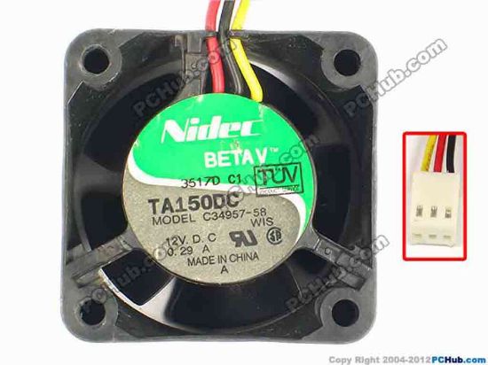 87239 Nidec C34957-58 Server - Square Fan C34957-58, WIS, sq40x40x28, w70x3x3, 12V 0.29A Nidec C34957-58 Server - Square Fan 