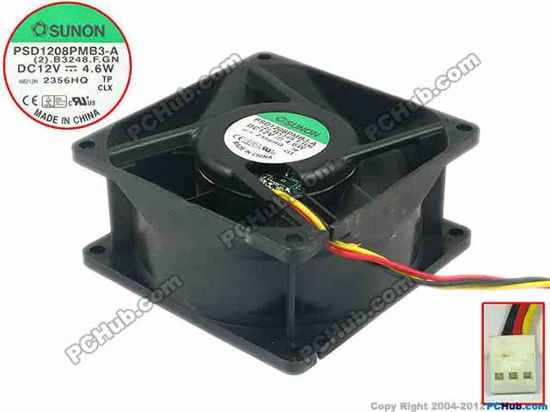 87592 SUNON PSD1208PMB3-A Server - Square Fan (2).3248.F.GN, sq80x80x38, 3-wire, 12V 4.6W SUNON PSD1208PMB3-A Server - Square Fan 