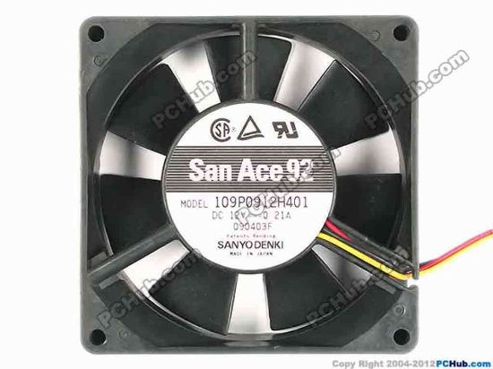 87785 Sanyo Denki 109P0912H401 Server - Square Fan sq92x92x25, 3-wire, 12V 0.21A Sanyo Denki 109P0912H401 Server - Square Fan 