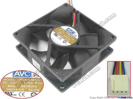 92428 AVC DS08025B12U Server - Square Fan P124, sq80x80x25, w265x4x4, 12V 0.7A AVC DS08025B12U Server - Square Fan 