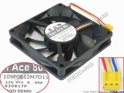 92907 Sanyo Denki 109P0812M7D11 Server - Square Fan sq80x80x15, 3-wire, 12V 0.09A Sanyo Denki 109P0812M7D11 Server - Square Fan 