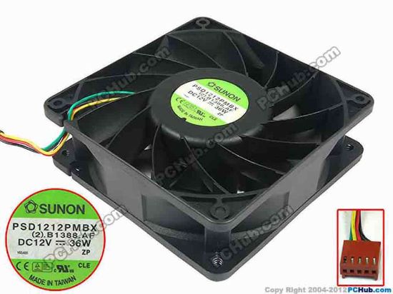 94611 SUNON PSD1212PMBX Server - Square Fan (2).B1388.AF, sq120x120x38, w130x5x5, 12V 36W  SUNON PSD1212PMBX Server - Square Fan 