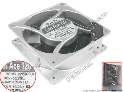 94756 Sanyo Denki 109S075UL Server - Square Fan sq120x120x38, 18W 0.24A Sanyo Denki 109S075UL Server - Square Fan 