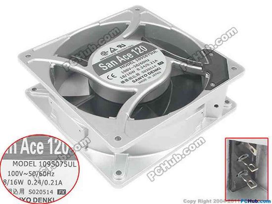 94756 Sanyo Denki 109S075UL Server - Square Fan sq120x120x38, 18W 0.24A Sanyo Denki 109S075UL Server - Square Fan 