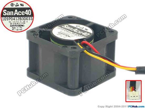 94808 Sanyo Denki 109P0412B3D033 Server - Square Fan sq40x40x28, w155x3x3, 12V 0.28A Sanyo Denki 109P0412B3D033 Server - Square Fan 