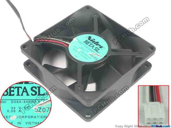 95781 Nidec D08A-34PS2 Server - Square Fan 01B, sq80x80x25, 3-wire, 34V 0.08A Nidec D08A-34PS2 Server - Square Fan 