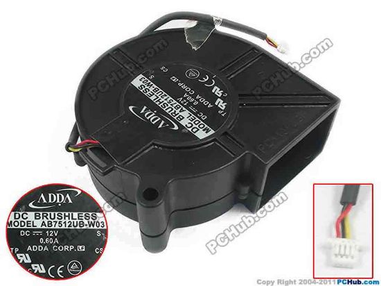 111572 ADDA AB7512UB-W03 Server - Blower Fan S, (QSDA), bw75x75x30, 3-wire, 12V 0.60A ADDA AB7512UB-W03 Server - Blower Fan