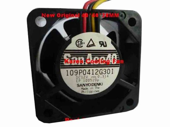 113509 Sanyo Denki 109P0412G301 Server - Square Fan sq40x40x28, 3-wire, 12V 0.31A  Sanyo Denki 109P0412G301 Server - Square Fan 