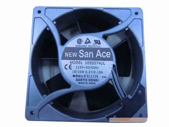 113554 Sanyo Denki 109S074UL Server - Square Fan sq120x120x38, 115V-50/60Hz 18/16W 0.21/0.18A Sanyo Denki 109S074UL Server - Square Fan 