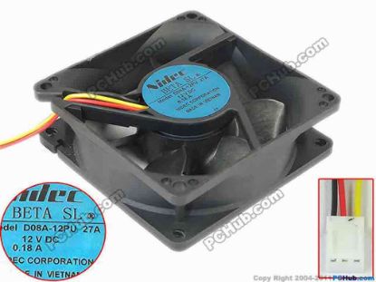 113786 Nidec D08A-12PU Server - Square Fan 27A, sq80x80x25, 3-wire, 12V 0.18A Nidec D08A-12PU Server - Square Fan 