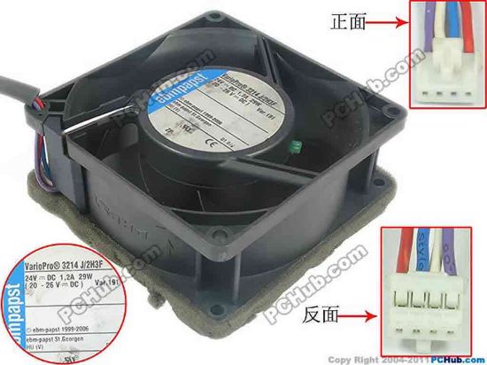 116867 ebm-papst 3214 J/2H3F Server - Square Fan 3214J/2H3F, sq90x90x38, w120x4x4, 24V 1.2A 29W ebm-papst 3214 J/2H3F Server - Square Fan 