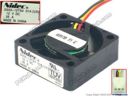 117050 Nidec D03X-12TS4 Server - Square Fan 01A(UX), sq30x30x10, w200x3x3, 12V 0.05A Nidec D03X-12TS4 Server - Square Fan 