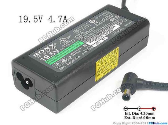 117515 Sony Vaio VGN-FS Series AC Adapter - NEW Original 19.5V 4.7A, 6.0/4.3mm With Pin, 3-Prong, New Sony Vaio VGN-FS Series AC Adapter - NEW Original 