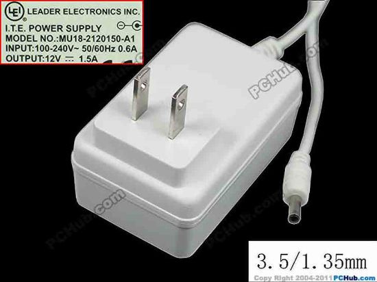 117641 LEI / Leader MU18-2120150-A1 AC Adapter - NEW Original 12V 1.5A, 3.5x1.3mm, US 2-Pin, New LEI / Leader MU18-2120150-A1 AC Adapter - NEW Original 