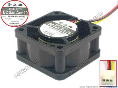 124909 Sanyo Denki 109P0424H6D23 Server - Square Fan sq40x40x20, w65x3x3, 24V 0.07A Sanyo Denki 109P0424H6D23 Server - Square Fan 