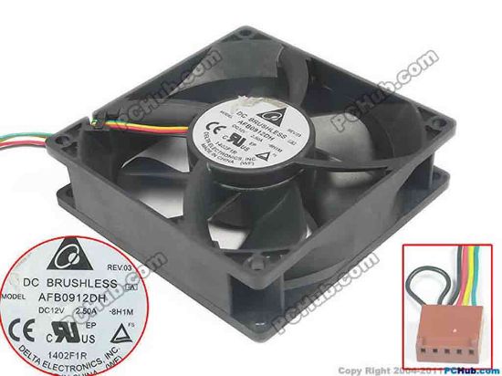 125036 Delta Electronics AFB0912DH Server - Square Fan 8H1M, sq90x90x25, 4-wire, 12C 2.50A Delta Electronics AFB0912DH Server - Square Fan