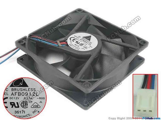 125039 Delta Electronics AFB0912L Server - Square Fan sq90x90x25, w90x3x3, 12V 0.15A Delta Electronics AFB0912L Server - Square Fan 