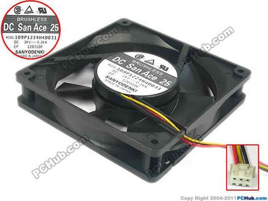 125355 Sanyo Denki 109P1224H4D031 Server - Square Fan sq120x120x25, 3-wire, 24V 0.24A Sanyo Denki 109P1224H4D031 Server - Square Fan