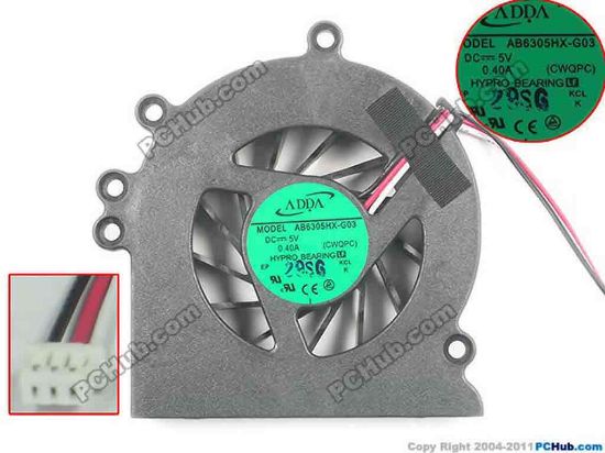 127436 ADDA AB6305HX-G03 Cooling Fan  (CWQPC), w30x3x3, 5V 0.40A, Bare fan ADDA AB6305HX-G03 Cooling Fan  