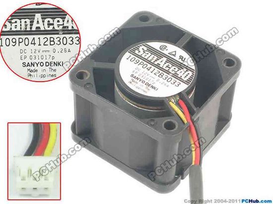 127773 Sanyo Denki 109P0412B3033 Server - Square Fan sq40x40x28, 3-wire, 12V0.28A Sanyo Denki 109P0412B3033 Server - Square Fan 