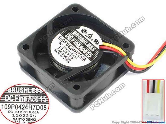 127781 Sanyo Denki 109P0424H7D08 Server - Square Fan sq40x40x15, 3-wire, 24V0.08A Sanyo Denki 109P0424H7D08 Server - Square Fan
