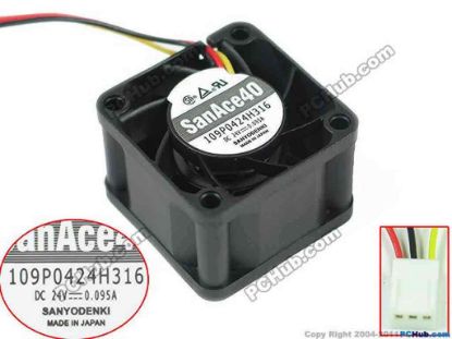 128850 Sanyo Denki 109P0424H316 Server - Square Fan sq40x40x28mm, w110x3x3, 24V 0.095A Sanyo Denki 109P0424H316 Server - Square Fan