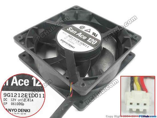 129123 Sanyo Denki 9G1212E1D011 Server - Square Fan sq120x120x38, 3-wire, 12V 0.61A Sanyo Denki 9G1212E1D011 Server - Square Fan 
