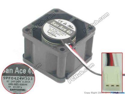129142 Sanyo Denki 9PF0424H303 Server - Square Fan sq40x40x28, 3-wire, 24V 0.095A Sanyo Denki 9PF0424H303 Server - Square Fan 