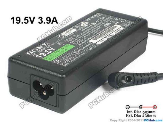130270 Sony Common Item (Sony) AC Adapter - NEW Original VGP-AC19V34, 19.5V 3.9A, 6.0mm/4.3, Pin, 3-Prong,  Sony Common Item (Sony) AC Adapter - NEW Original 