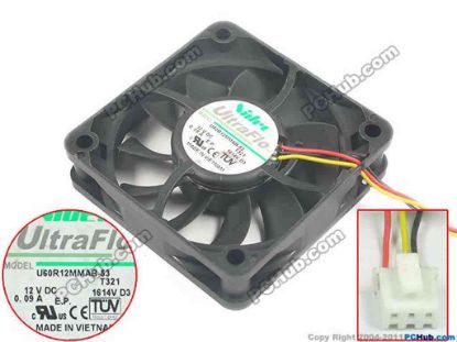 132524 Nidec U60R12MMAB-53 Server - Square Fan T321, sq60X60X15mm, 3-wire, 12V 0.09A Nidec U60R12MMAB-53 Server - Square Fan