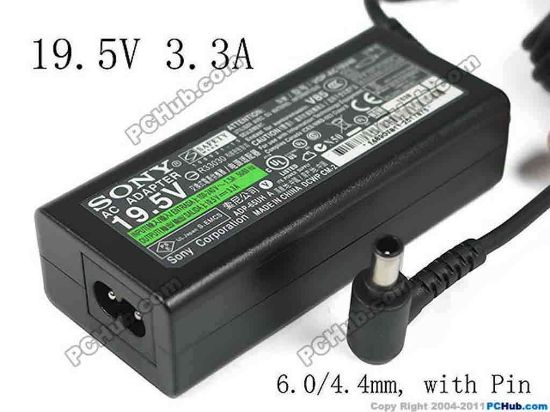 136788 Sony Vaio VPCEE Series AC Adapter- Laptop 19.5V, 3.3A  6.0/4.4mm, with Pin, 2-Prong, New Sony Vaio VPCEE Series AC Adapter- Laptop 