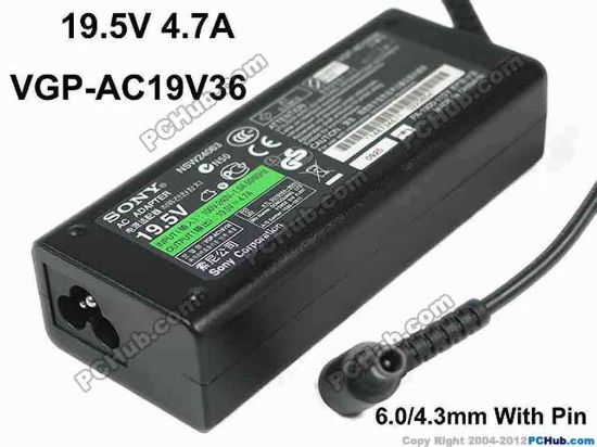 137069 Sony Vaio VPCEG Series AC Adapter- Laptop 19.5V 4.7A, 6.0/4.3mm With Pin, 3-Prong, New Sony Vaio VPCEG Series AC Adapter- Laptop 
