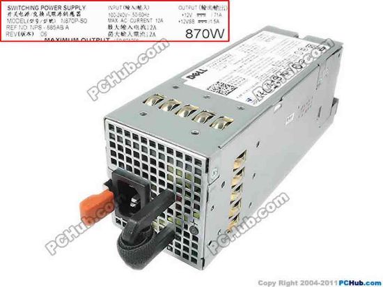 143355 Dell PowerEdge R710 Server - Power Supply 870W, N870P-S0, NPS-885AB A, 0YFG1C Dell PowerEdge R710 Server - Power Supply