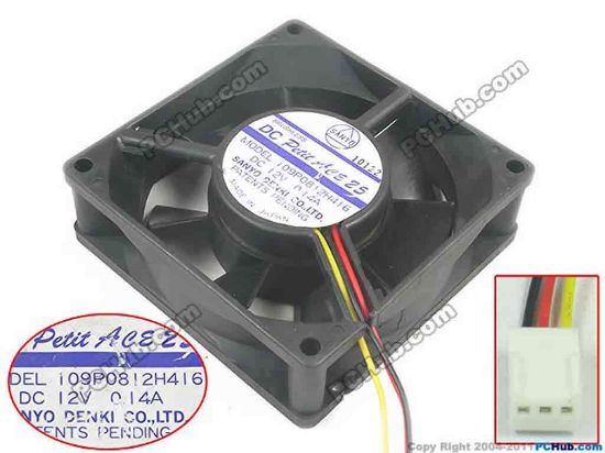 143918 Sanyo Denki 109P0812H416 Server - Square Fan sq80x80x25, w50x3x3, 12V 0.14A Sanyo Denki 109P0812H416 Server - Square Fan 
