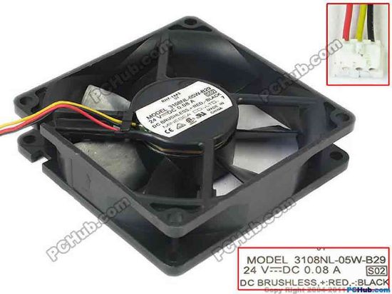 144299 NMB-MAT / Minebea 3108NL-05W-B29 Server - Square Fan S02, sq80x80x20mm, w80x3x3, 24V 0.08A NMB-MAT / Minebea 3108NL-05W-B29 Server - Square Fan 