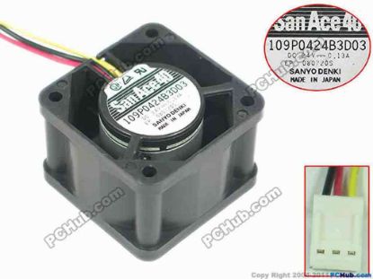 144548 Sanyo Denki 109P0424B3D03 Server - Square Fan sq40x40x28mm, 3-wire, 24V 0.13A Sanyo Denki 109P0424B3D03 Server - Square Fan 